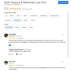 Google Reviews for the Bloomington IL divorce lawyers at Koth Gregory & Nieminski