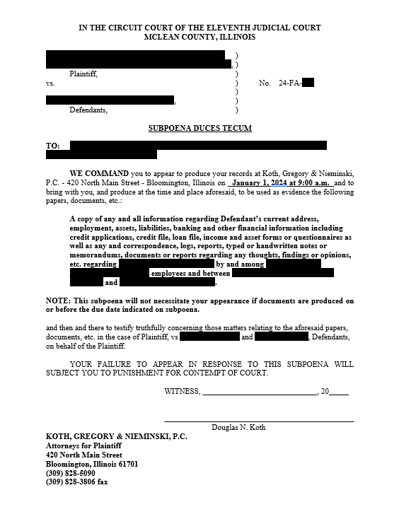 Subpoena duces tecum redacted example for McLean County, Illinois