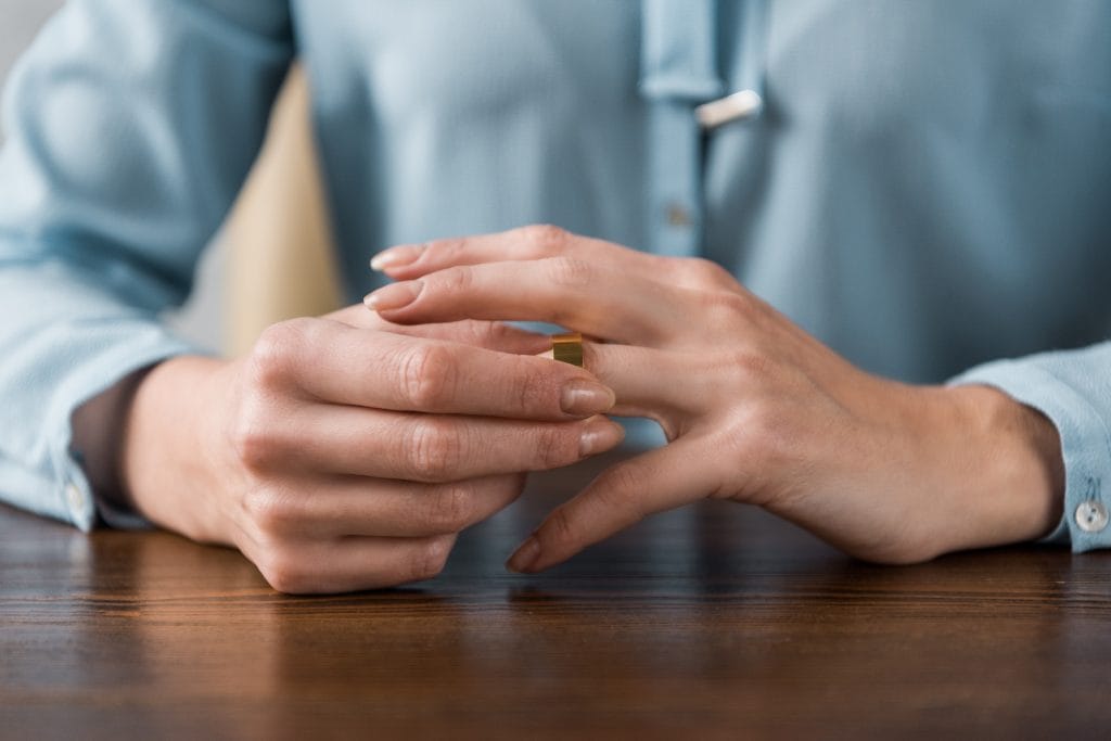 What to Expect When Divorcing a Narcissist. Bloomington-Normal Divorce Attorneys Koth Gregory & Nieminski. Woman taking off a ring while filing for a divorce.